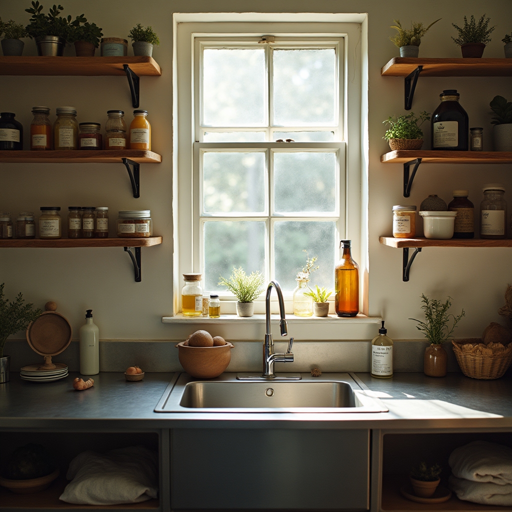 Cocina doméstica adaptada como espacio de producción artesanal con estanterías ordenadas y utensilios de acero