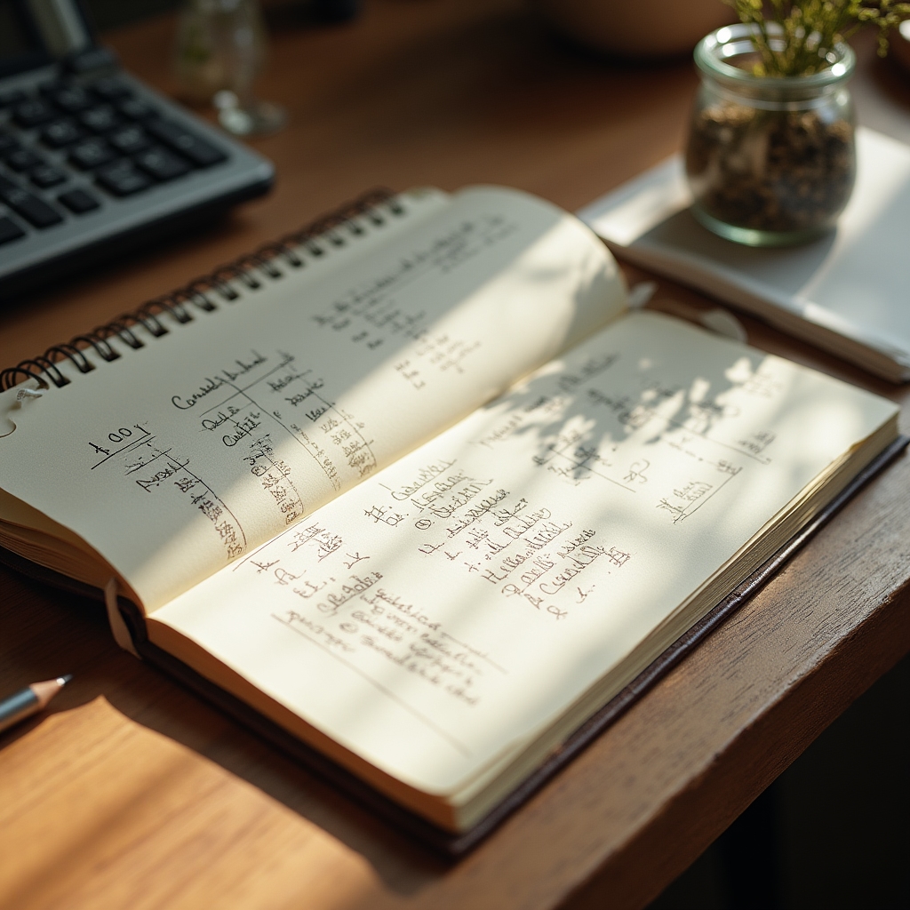 Libreta de anotaciones con cálculos manuscritos de costos de producción junto a una calculadora pequeña