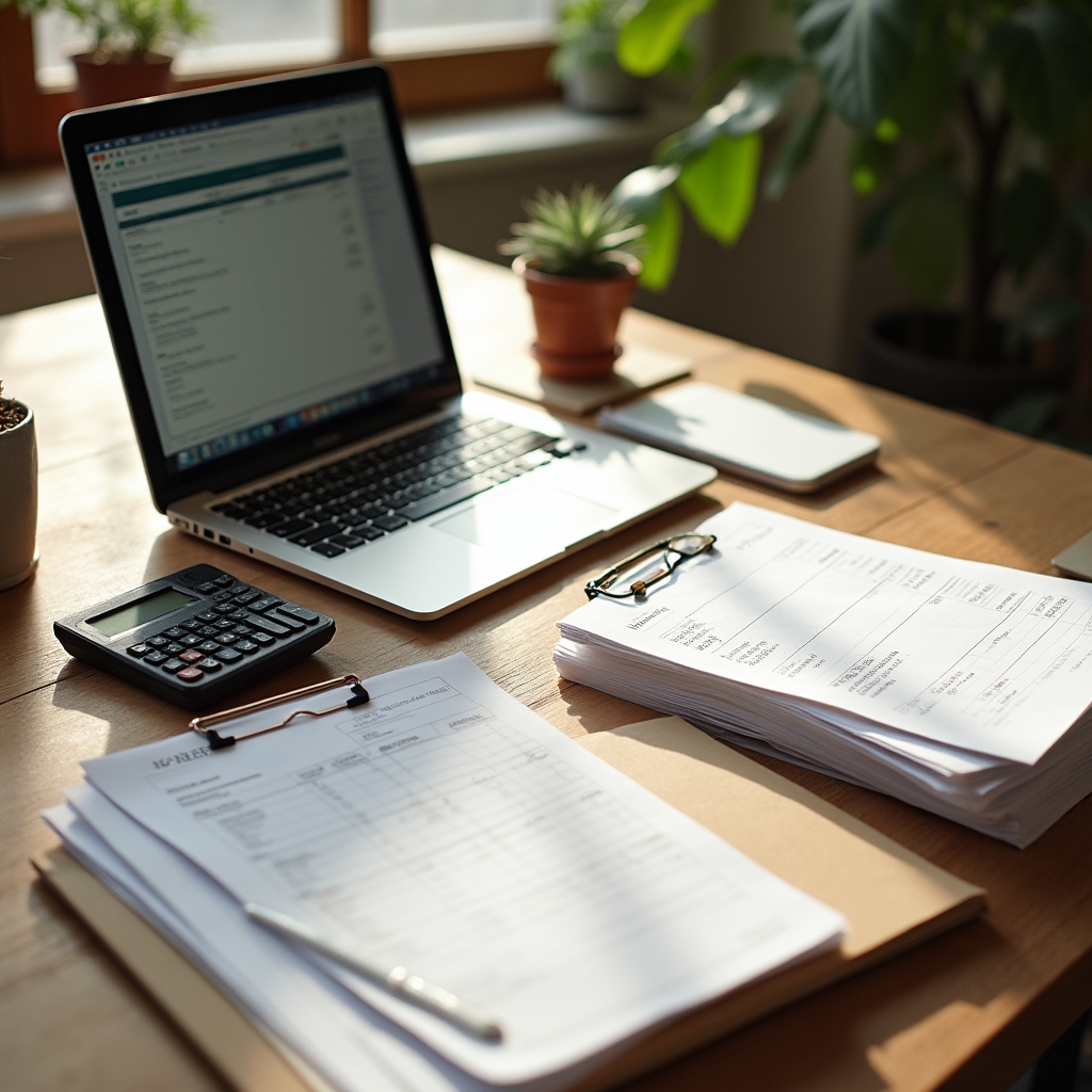 Escritorio de madera con notebook, calculadora y facturas ordenadas junto a una planta pequeña, representando gestión administrativa de un emprendimiento