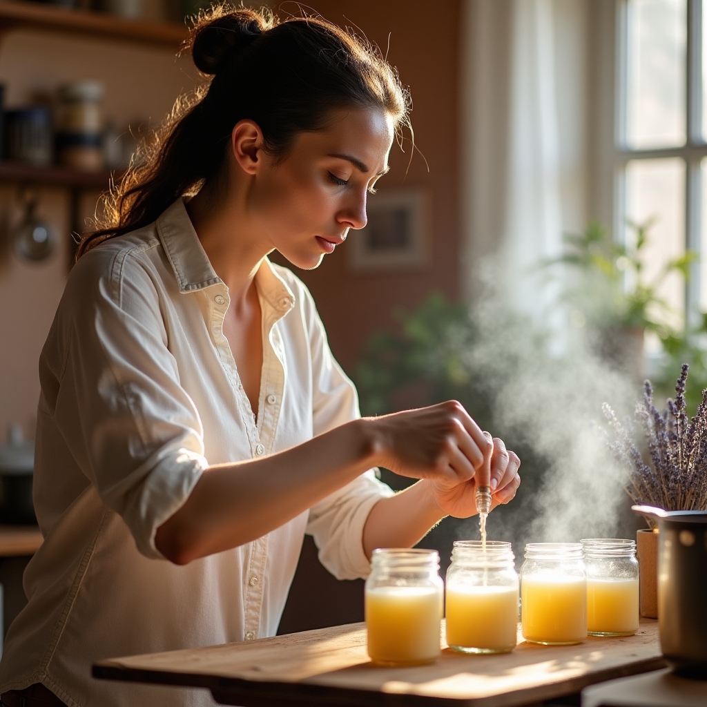 Productora envasando velas de cera de soja en frascos de vidrio sobre una mesa de trabajo iluminada naturalmente